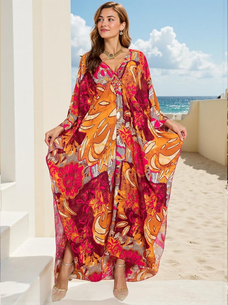IMAGEKOPE Women's Plus Size Animal Print V-Neck Batwing Kaftan Beach Dress Bathing Suit Cover-Up Loungewear - Image 4